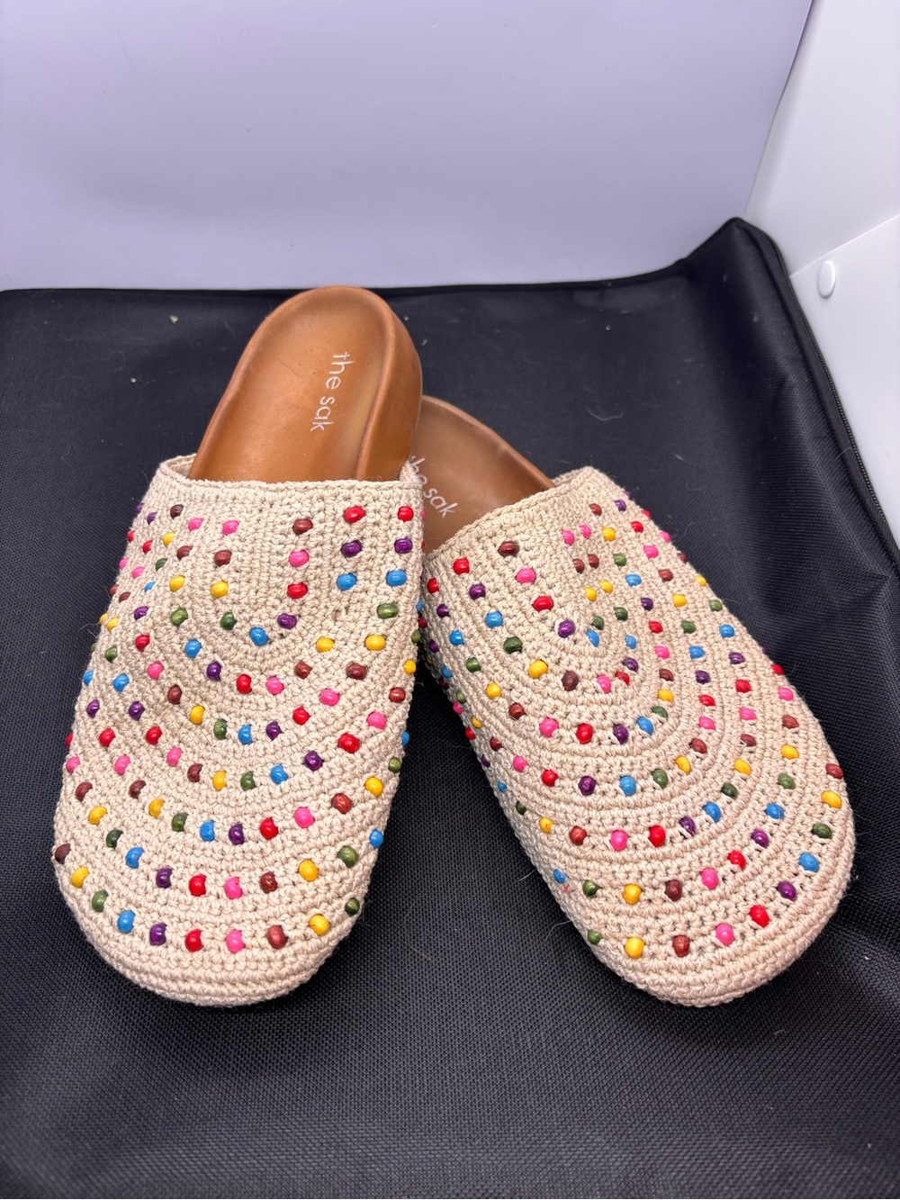 The Sak Beige Crochet Slip-On Mules with Multicolor Beads